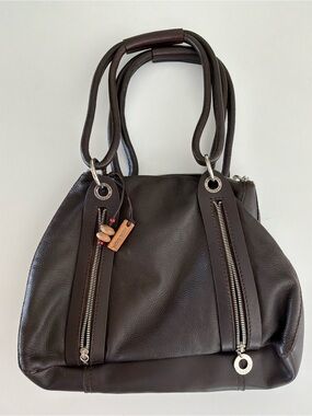 Dark Brown Leather Tote Bag with Dual Zipper Accents Hidesign